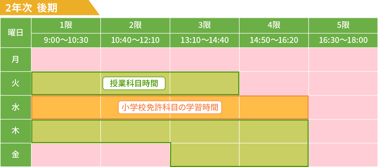 2年次後期の時間割表。通常の授業に加えて、小学校教諭二種免許の取得に必要な科目の学習時間も設定されており、専門性を深めながら計画的に学べるカリキュラム構成。