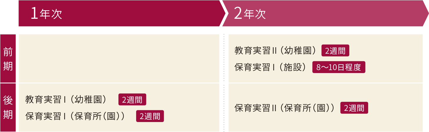 
                  1年次
                  後期：教育実習Ⅰ（幼稚園）2週間、保育実習Ⅰ（保育所（園））2週間
                  2年次
                  前期：教育実習Ⅱ（幼稚園）2週間、保育実習Ⅰ（施設）8〜10日程度
                  後期：保育実習Ⅱ（保育所（園））2週間
                